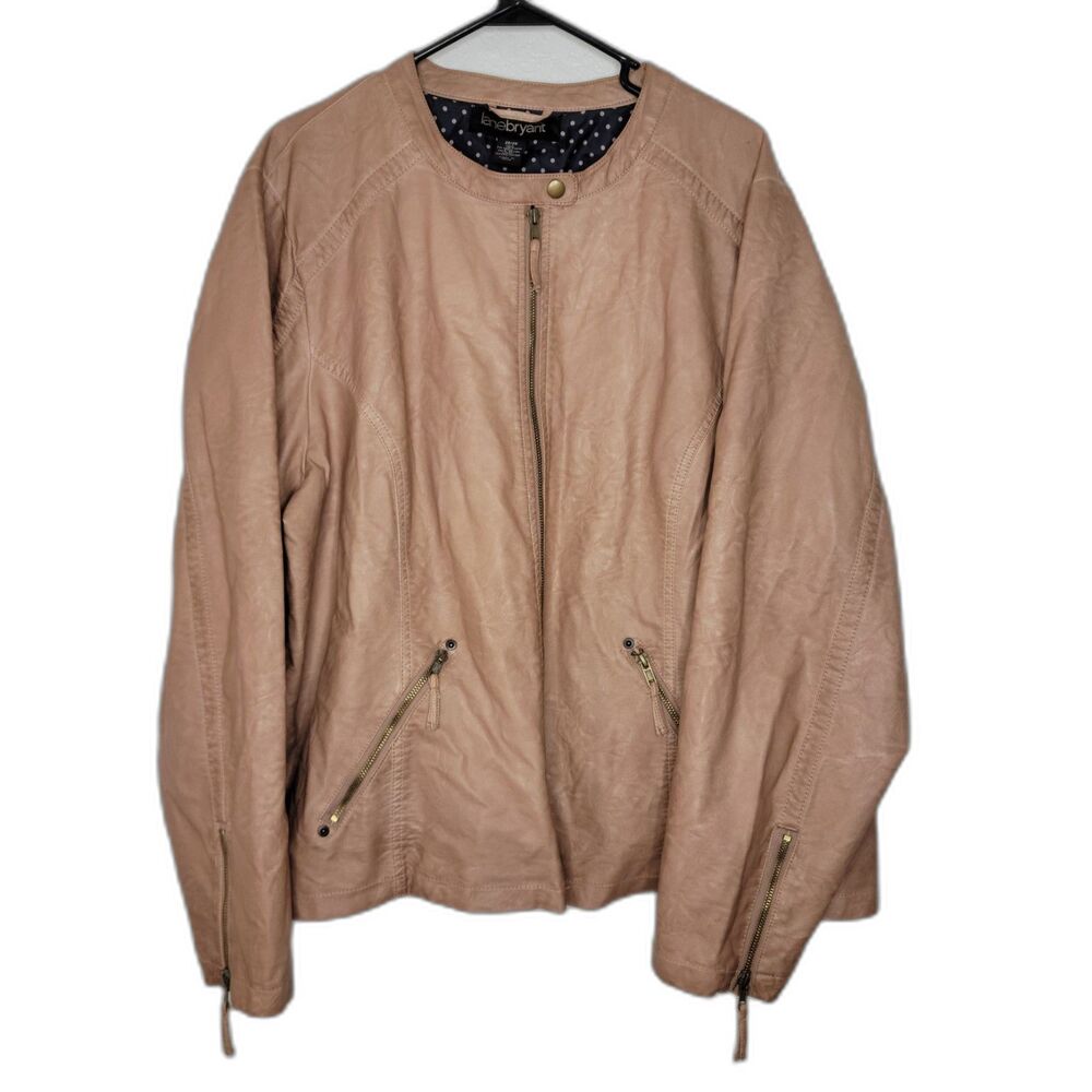 Lane Bryant Size 26/28 Tan Faux Leather Full Zip Closure Collarless Moto Jacket